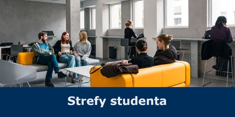 Kafelek Strefy Studenta, na grafice zdjecie pokazujące studentów i studentki siedzace na kanapie, ponizej pasek granatowy i biały napis Strefy Studenta