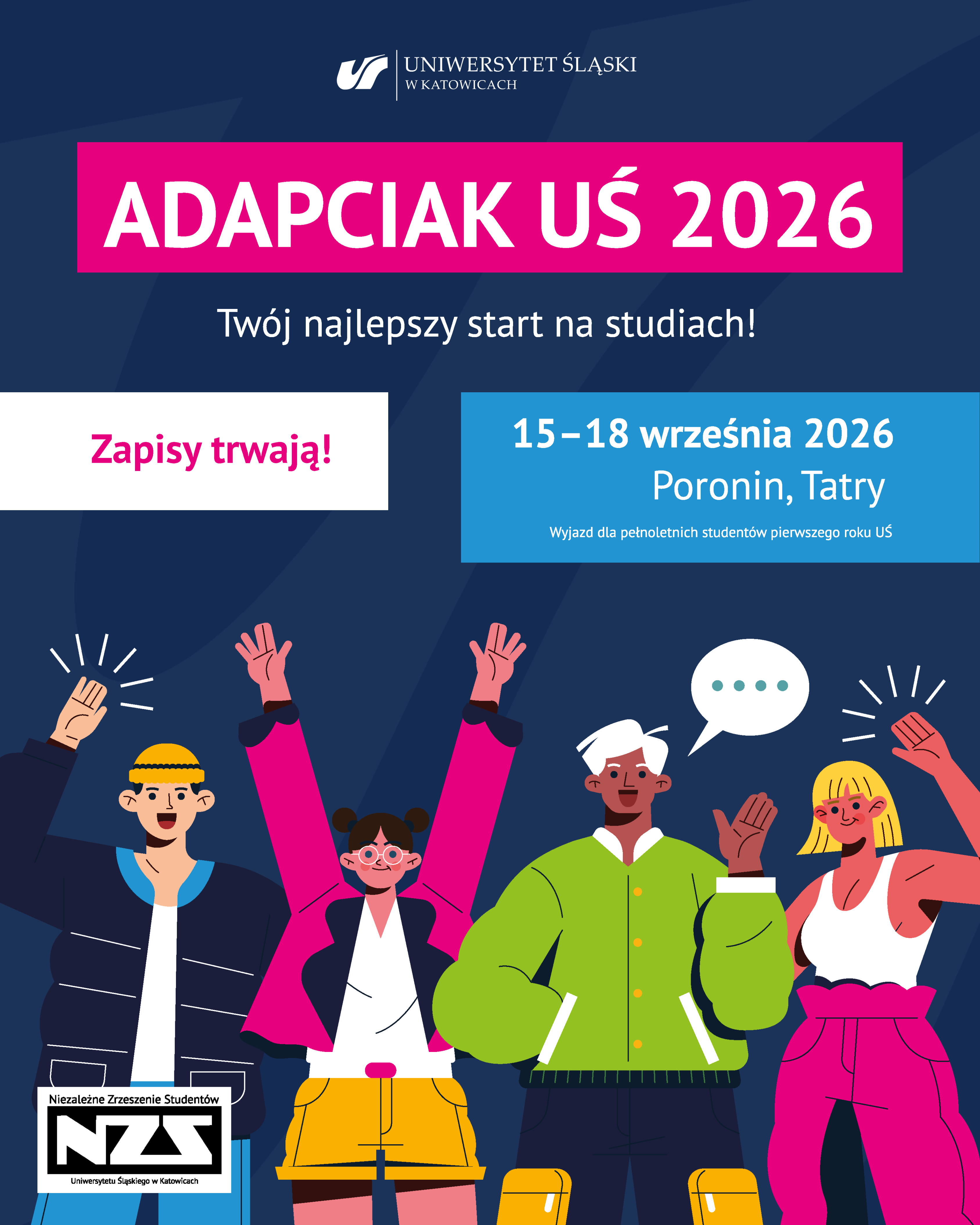 Plakat informacyjny z grafiką przedstawiającą machających ludzi.