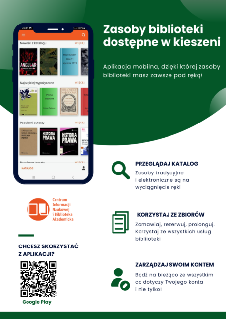 Zielono-biały plakat informacyjny z kodem QR i zdjęciem telefonu, na którym wyświetlone są zasoby biblioteczne.