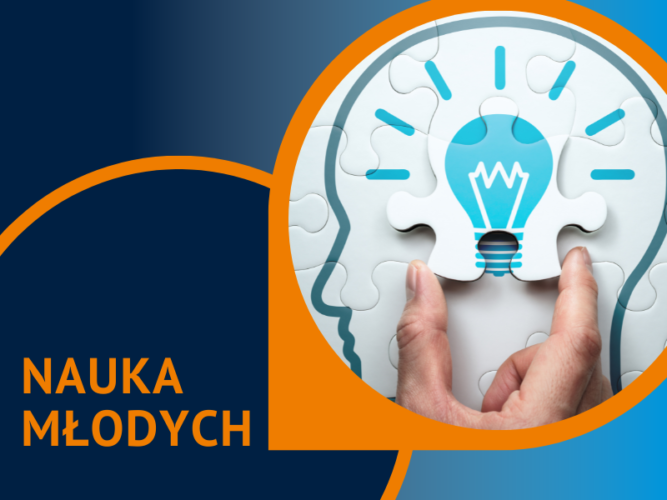 grafika przedstawiająca ludzką głowę ze świecącą żarówką, po lewej stronie napis: "Nauka młodych"