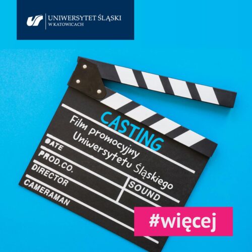 Plakat informacyjny - klaps filmowy na niebieskim tle.
