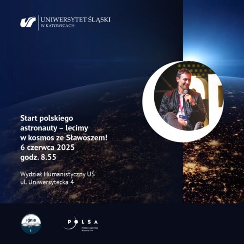 Plakat informacyjny ze zdjęciem dr. inż. Sławosza Uznańskiego-Wiśniewskiego.