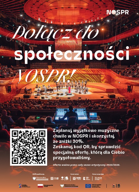 Plakat informacyjny ze zdjęciem sali koncertowej NOSPR.