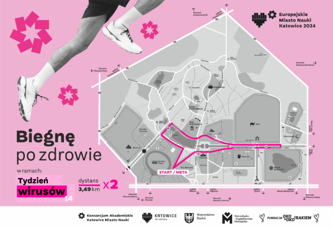 różowy plakat informacyjny ze zdjęciem przedstawiającym mapę miasta z trasą biegu