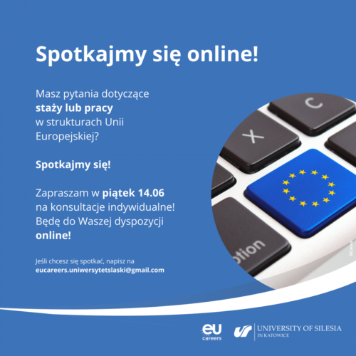Plakat informacyjny ze zdjęciem przedstawiającym flagę Unii Europejskiej na przycisku klawiatury.