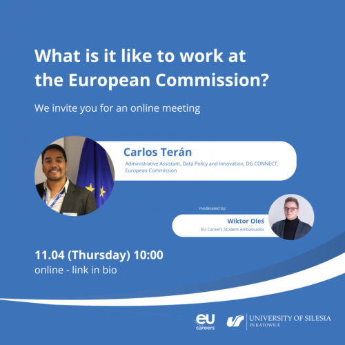 plakat informacyjny ze zdjęciami Carlosa Terána (przedstawiciela Komisji Europejskiej) oraz Wiktora Olesia (moderatora spotkania)