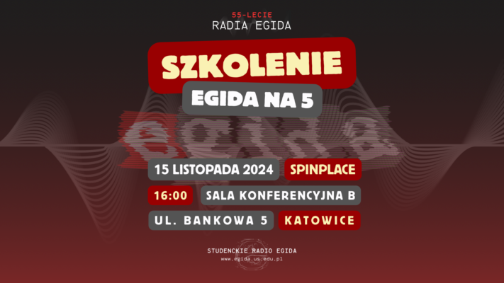 Plakat informacyjny z logiem Radia Egida w tle.