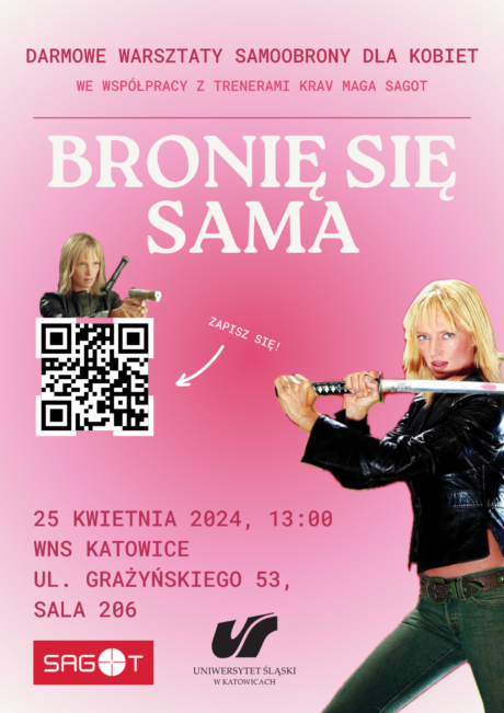 plakat informacyjny ze zdjęciem bohaterki filmu "Kill Bill", kodem QR oraz różowym tłem