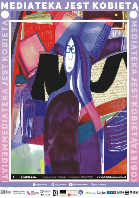 plakat informacyjny - abstrakcyjny obraz przedstawiający kobietę w okularach