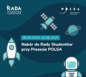 Plakat informacyjny z grafikami przedstawiającymi astronautę, rakietę, planetę i satelitę kosmicznego.