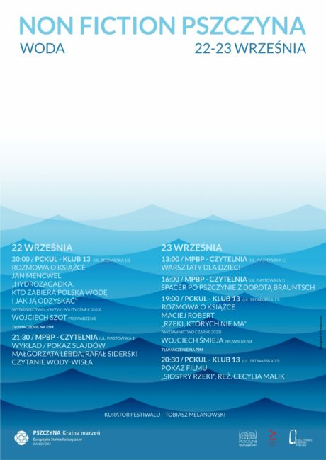 plakat informacyjny z grafiką w tle przedstawiającą wodę