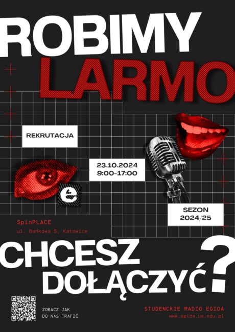 Czarny plakat informacyjny z czerwonymi grafikami przedstawiającymi oko oraz usta przy mikrofonie.