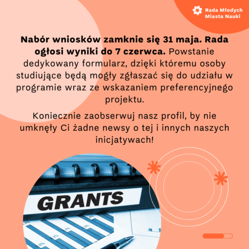informacje dotyczące programu "Nauka Młodych", poniżej okrągłe zdjęcie przedstawiające teczkę z podpisem "Grants"