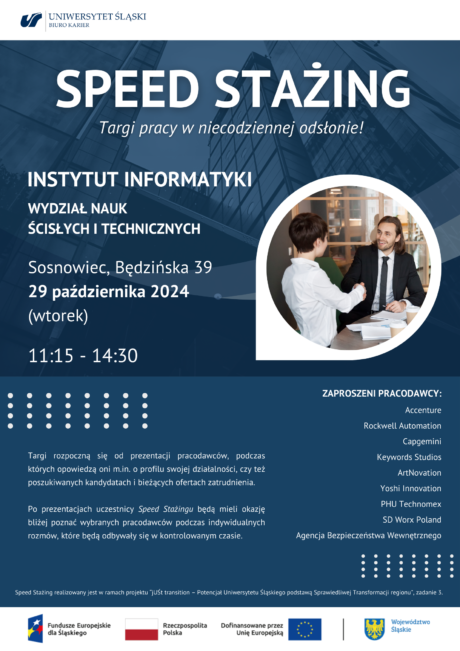 Plakat informacyjny z okrągłym zdjęciem przedstawiającym rozmowę pracodawcy z kandydatem do pracy