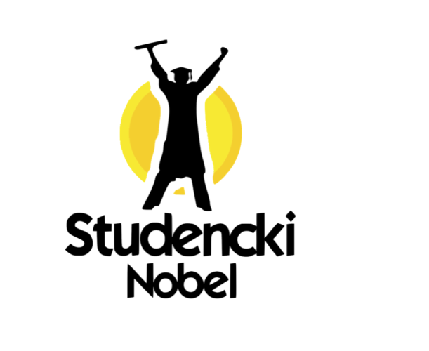 logo Studenckiego Nobla - sylwetka osoby w studenckiej czapce wznosząca triumfalnie ręce, za nią żółte koło