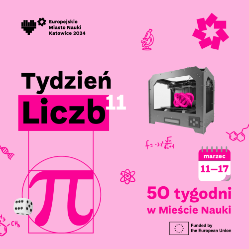 różowy plakat informacyjny z liczbą pi i grafiką przedstawiającą drukarkę 3D