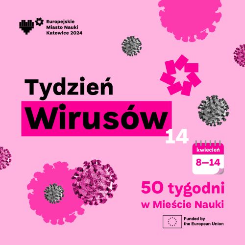 różowy plakat informacyjny dotyczący Tygodnia Wirusów z grafikami przedstawiającymi wirusy