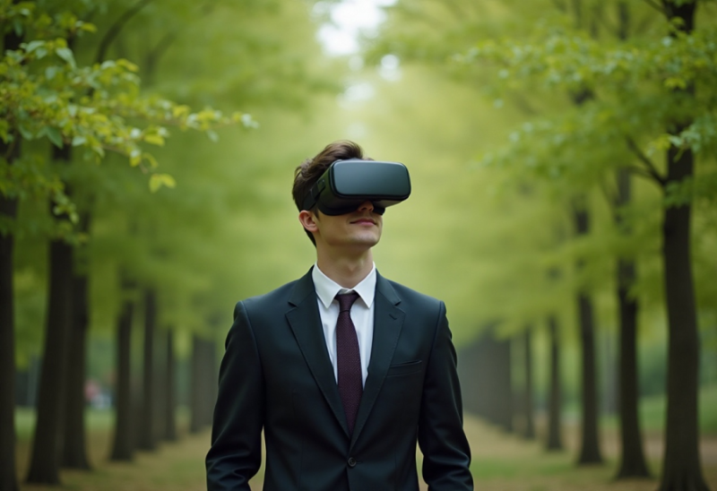 Mężczyzna w garniturze z założonymi okularami VR, w otoczeniu lasu.