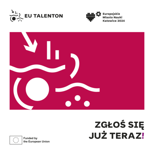 plakat informacyjny z białymi geometrycznymi wzorami na fioletowym tle