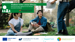 plakat informacyjny ze zdjęciem studentki i studenta siedzących na trawie i spoglądających w stronę trzeciej osoby stojącej obok