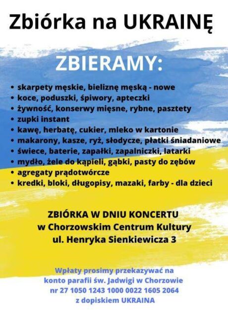 plakat z listą rzeczy objętych zbiórką w barwach flagi Ukrainy
