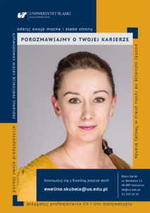 plakat informacyjny ze zdjęciem doradczyni zawodowej Eweliny Skubały