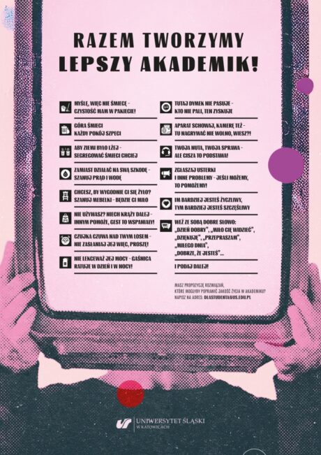 Lista rozwiązań, które mogą poprawić jakość życia w akademiku - wypisana na różowym ekranie, który trzyma stojąca za nim osoba.