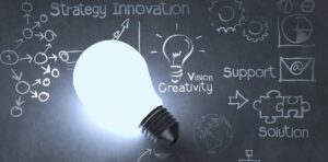 świecąca się żarówka leżąca na tablicy wypełnionej schematem strategii innowacji