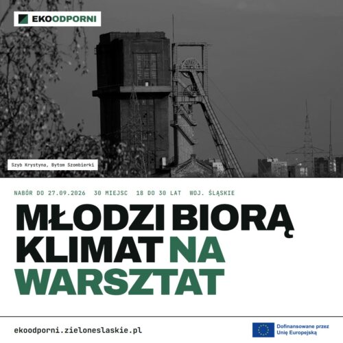 Plakat informacyjny z czarno-białym zdjęciem przedstawiającym Szyb Krystyna w Bytomiu.