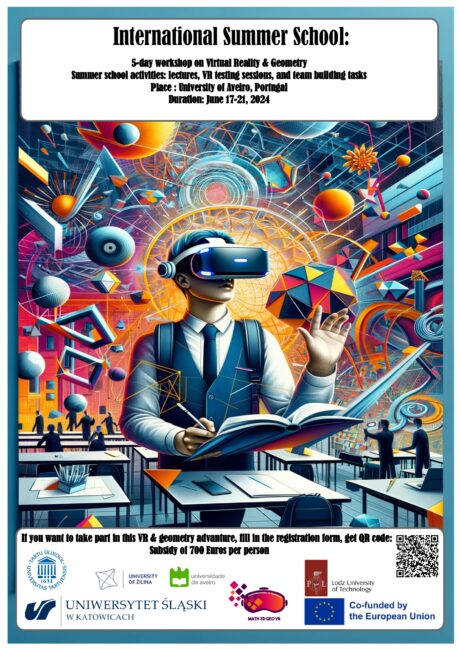 plakat informacyjny - grafika przedstawiająca ucznia z ubranymi okularach VR, wokół niego unoszą się abstrakcyjne obiekty