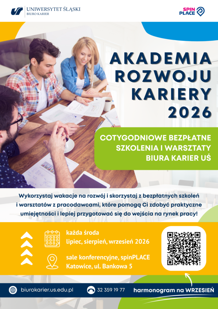 Plakat promujący wydarzenie Akademia Rozwoju Kariery 2026. Na plakacie znajduje się w prawym dolnym rogu kod QR prowadzący do tej strony.