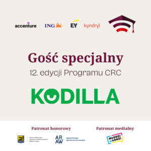 grafika promująca gościa specjalnego 12. edycji programu Corporate Readiness Certificate, firmę Kodilla, na grafice znajdują się logotypy organizatorów wydarzenia, patronów honorowych oraz patrona medialnego