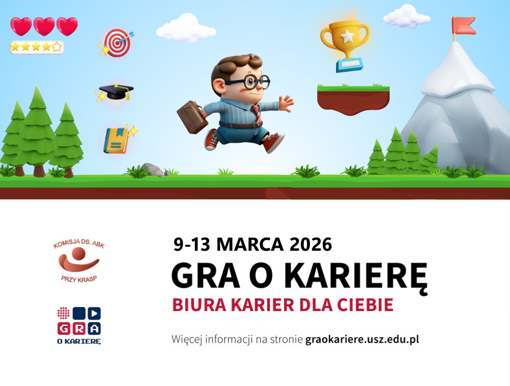 Plakat promujący wydarzenie Gra o Karierę, termin wydarzenia 9-13 marca 2026,. Logotypy widoczne na plakacie: Komisja ds. ABK przy KRASP, Gra o Karierę