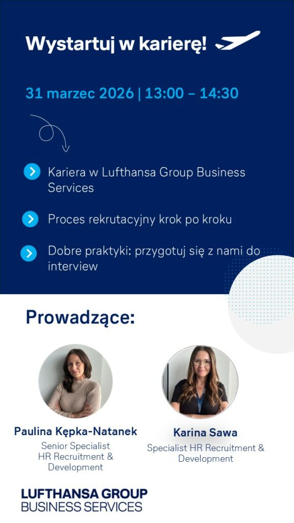 Plakat promujący wydarzenie. Informacje o terminie spotkania oraz poruszanych tematach. Prowadzące: Paulina Kępka-Natanek - Senior Specialist HR Recuitment & Development oraz Karolina Sawa - Specialist HR Recriutment & Development