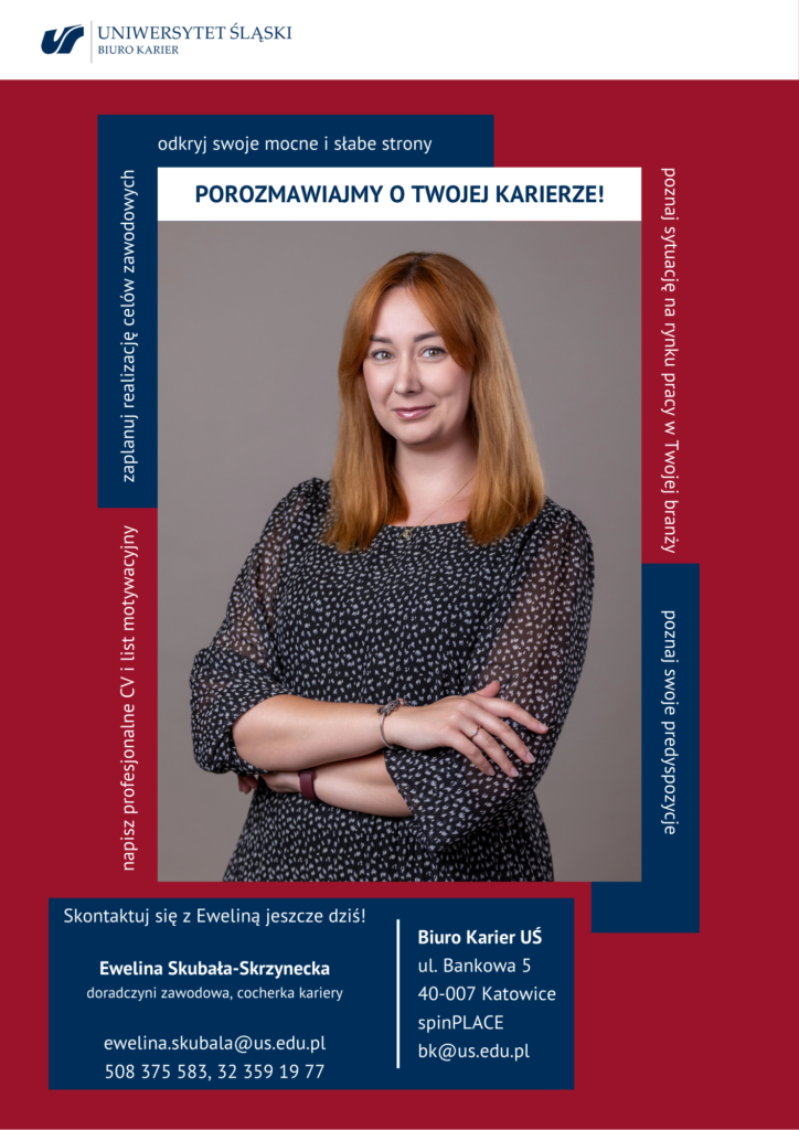 plakat przedstawiający doradczynię zawodową dla Wydziału Humanistycznego, na plakacie podane dane kontaktowe dostępne również w treści komunikatu