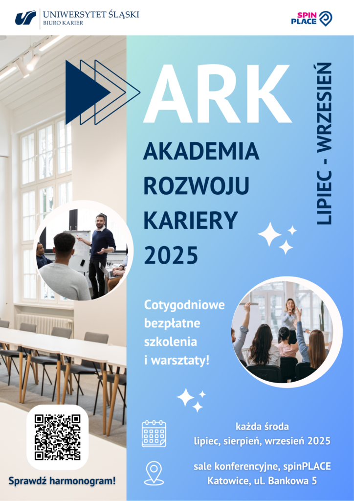 Plakat promujący Akademię Rozwoju Kariery. Zawiera informacje o terminach szkoleń (każda środa lipiec, sierpień, wrzesień 2025) oraz o miejscu szkoleń (sale konferencyjne, spinPLACE, ul. Bankowa 5, Katowice). Na plakacie znajduje się także kod QR prowadzący do pełnego harmonogramu szkoleń.