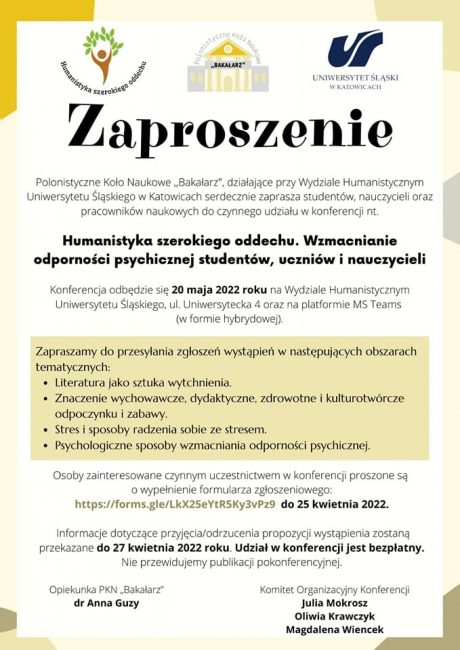 (Polski) Konferencja pn. „Humanistyka szerokiego oddechu. Wzmacnianie odporności psychicznej studentów, uczniów i nauczycieli”