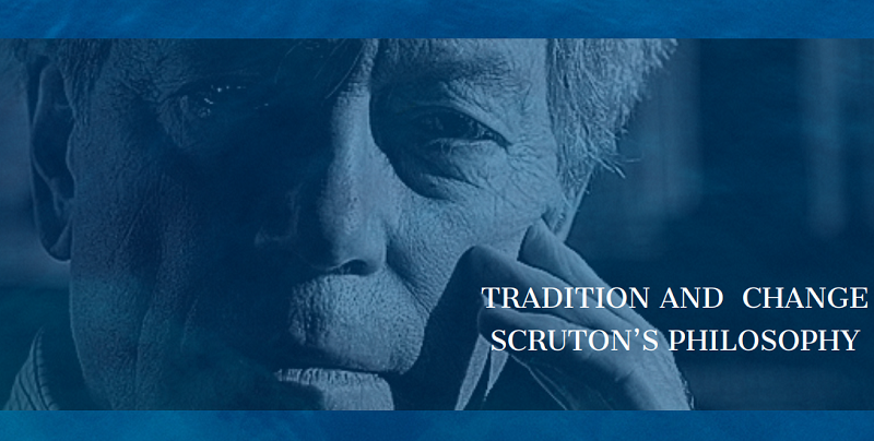 Na dole tekst: Tradition and Change. Scruton's Philosophy. W tle zbliżenie twarzy mężczyzny - Rogera Scrutona.