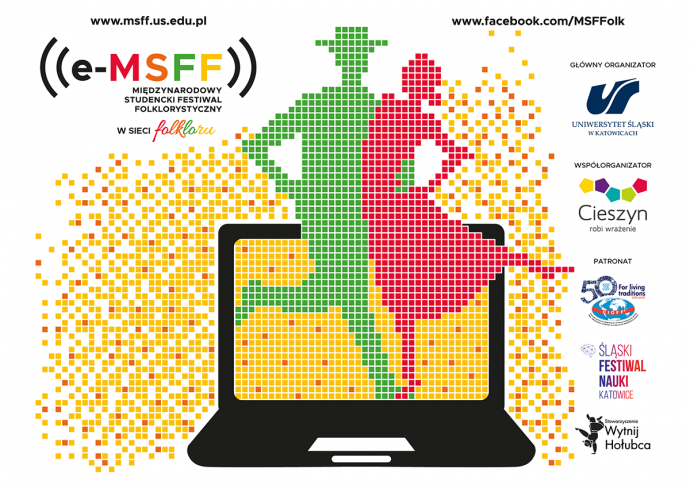 Obraz przedstawia plakat MSFF na plakacie widnieja dwie osoby ( kobieta i mężczyzna ulożeni z zielonych i czerwonych pikseli, postacie tańczą ze sobą w ekranie laptopa.