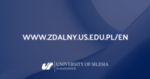Na obrazie widnieje link do strony : www.zdalny.us.edu.pl/en poniżej logo uniwersytetu śląskiego