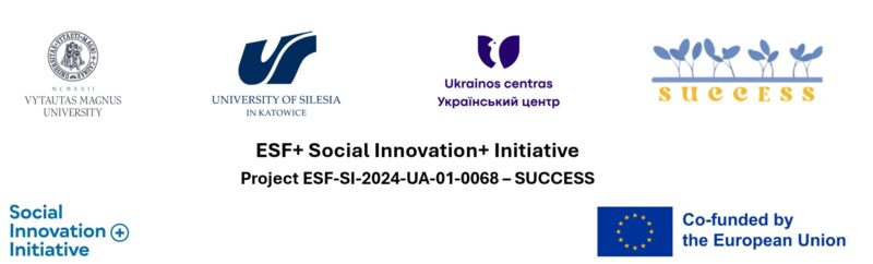 Logotypy: Uniwersytet Witolda Wielkiego, Uniwersytet Śląski, Ukrainos centras, SUCCESS, Social innovation+ Initiative, Co-funded by the European Union
