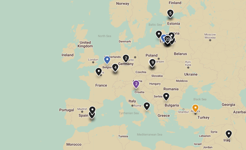 Mapa Europy z zaznaczonymi miejscami