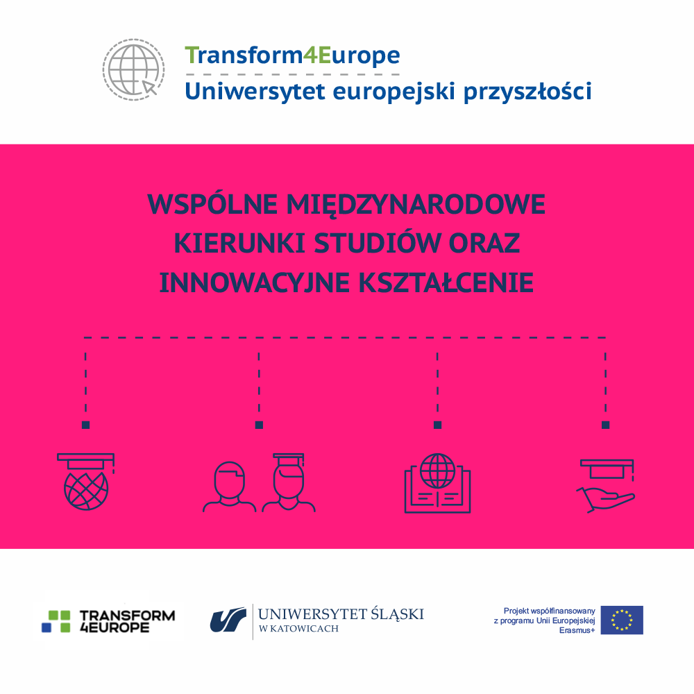 Grafika prezentująca jedno działanie w ramach projektu Transform4Europe: wspólne międzynarodowe kierunki studiów oraz innowacyjne kształcenie.