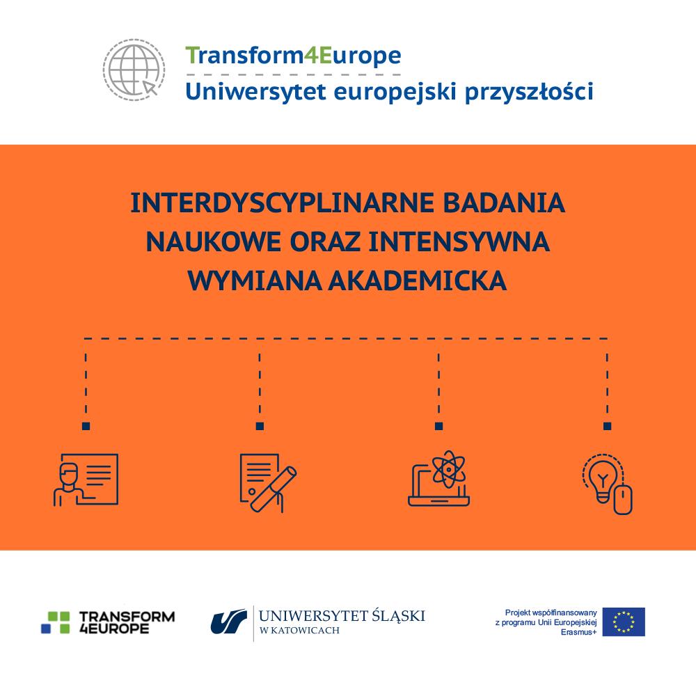 Grafika prezentująca jedno działanie w ramach projektu Transform4Europe: interdyscyplinarne badania naukowe oraz intensywna wymiana akademicka