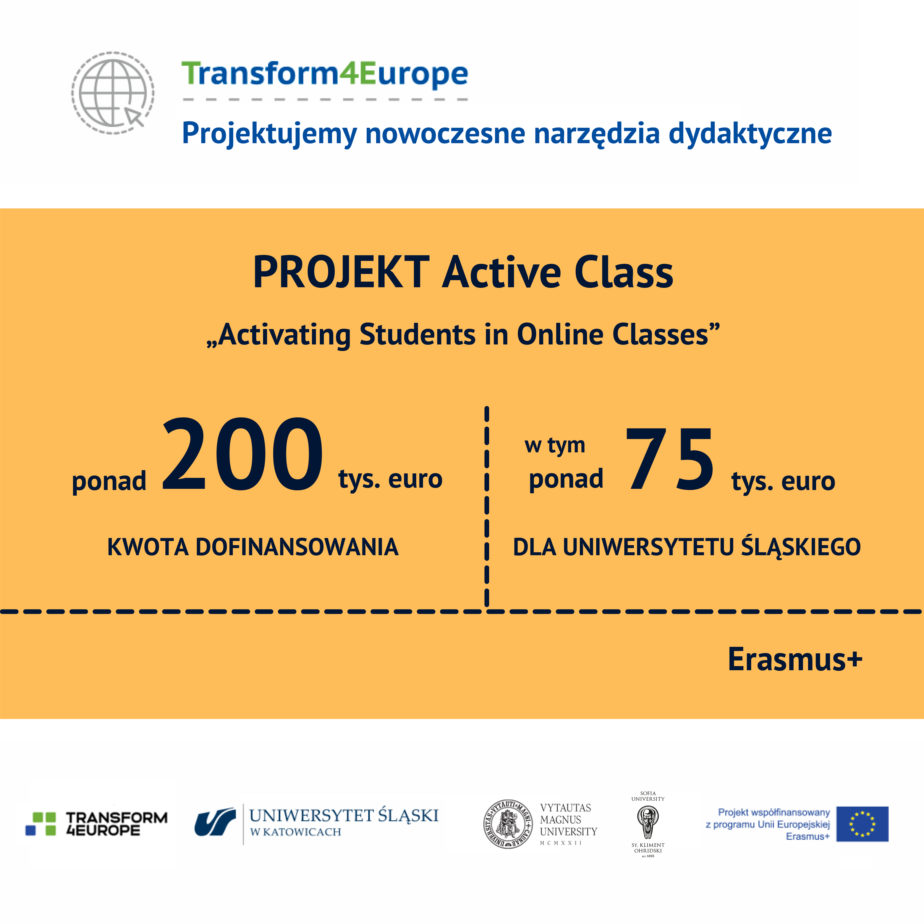 Infografika prezentująca finansowanie projektu Active Class – Projekt Active Class „Activating Students in Online Classes” Projektujemy nowoczesne narzędzia dydaktyczne kwota dofinansowania: ponad 200 tys. euro w tym dla UŚ: ponad 75 tys. euro