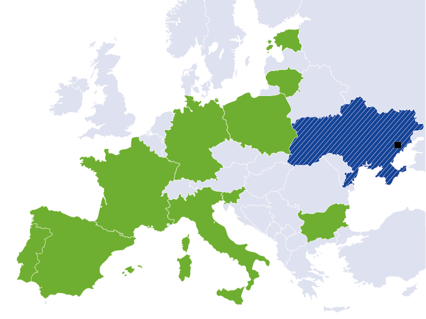 mapa Europy z zaznaczoną na niebiesko Ukrainą