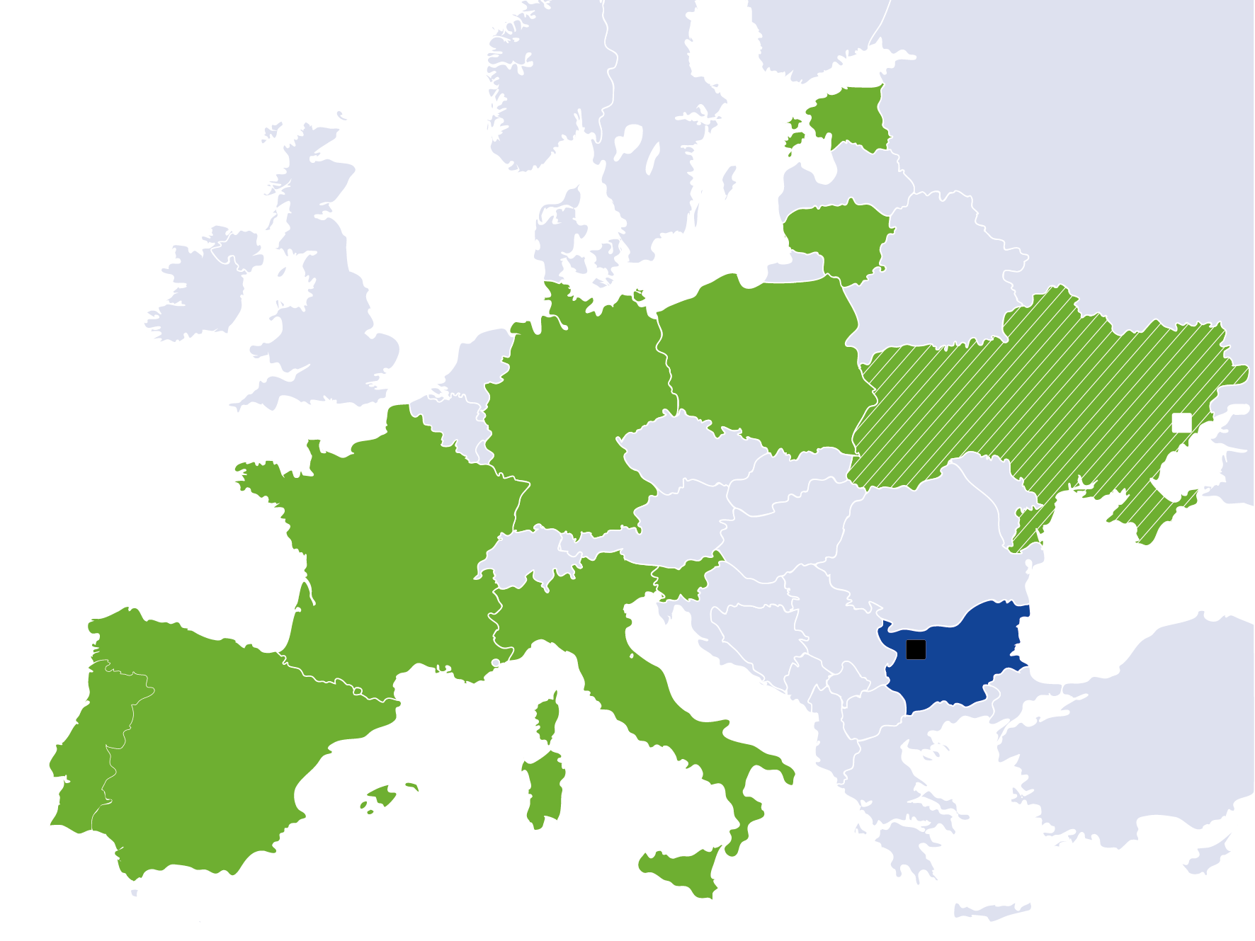 mapa Europy z zaznaczoną na niebiesko Bułgarią