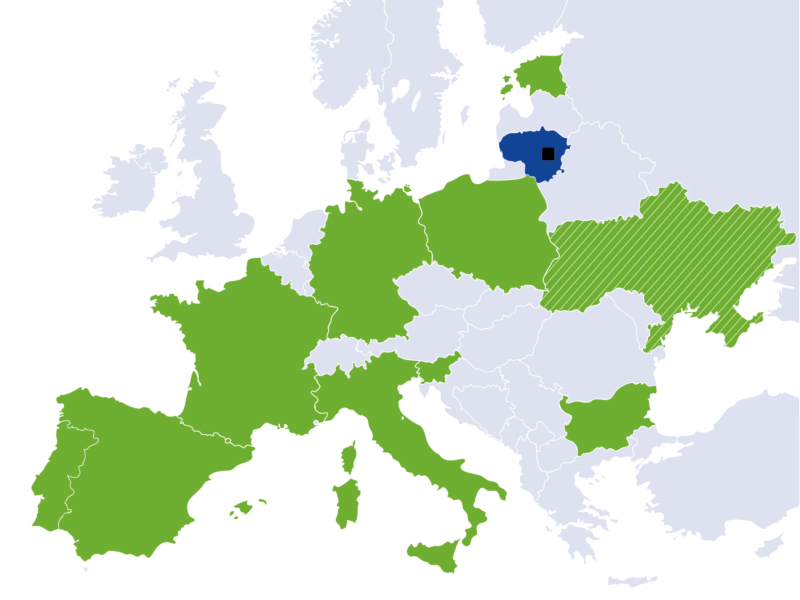 mapa Europy z zaznaczoną na niebiesko Litwą