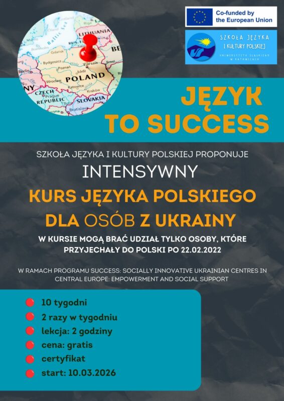 grafika promująca intensywny kurs języka polskiego dla osób z Ukrainy w ramach projektu SUCCESS