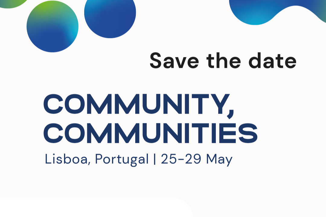 Grafika z tekstem po angielsku "Community, Communities", Lisboa, Portugal, 25-29 May